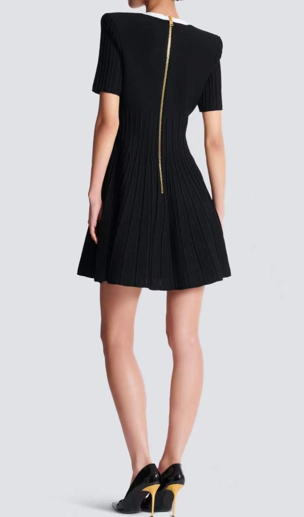 Gudrun Chic Black & White Square Neck Knit Mini Dress with Gold Button Accents