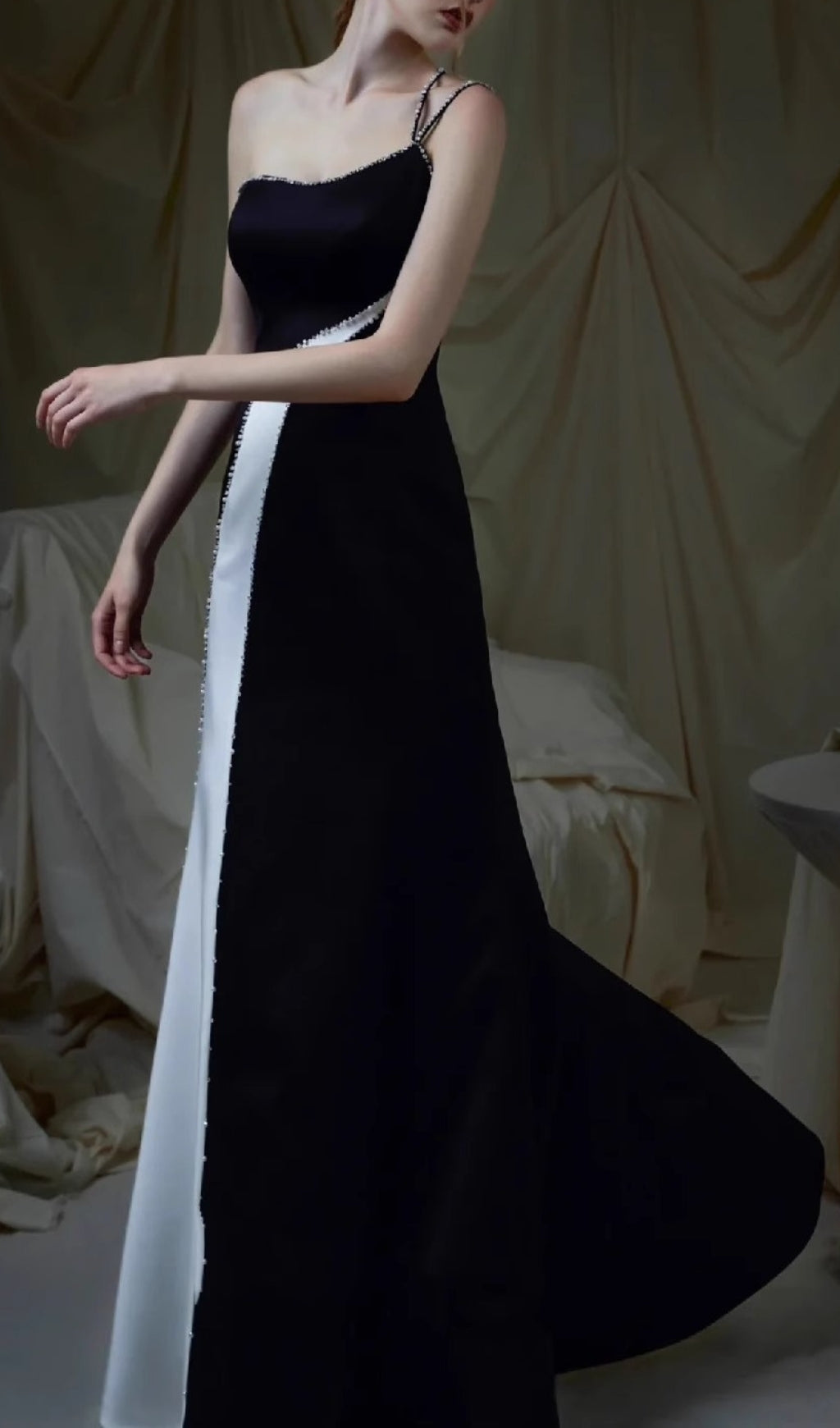 Erika Black & White Asymmetrical Embellished Maxi Dress