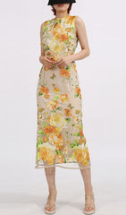 Elowen Vibrant Floral Embroidery Sleeveless Midi Dress