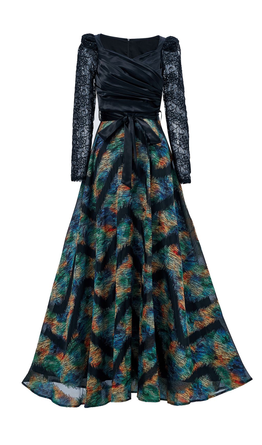 Ffan Elegant Ruched Bodice Lace Sleeve Vibrant Maxi Dress