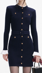 Chic Heather Knit Mini Dress with Gold Buttons & Belt