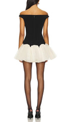 Elegant Off-Shoulder Black & White Tulle Mini Dress