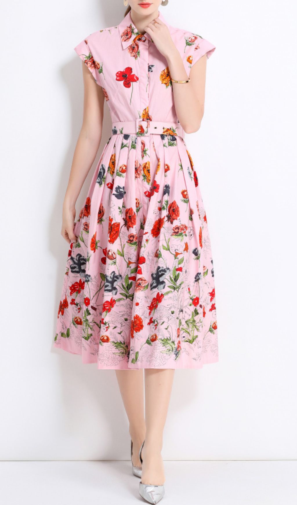 Fusca Elegant Pink Floral Belted Midi Shirtdress