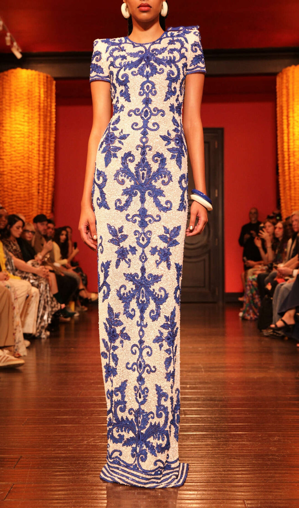 Exquisite Cobalt Blue Damask Print Maxi Gown