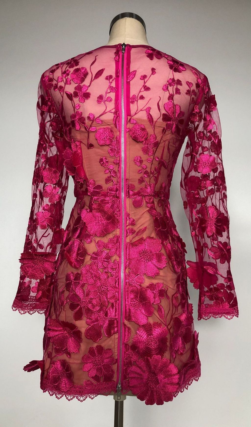 Iban Hot Pink Floral Embroidered Long Sleeve Mini Dress