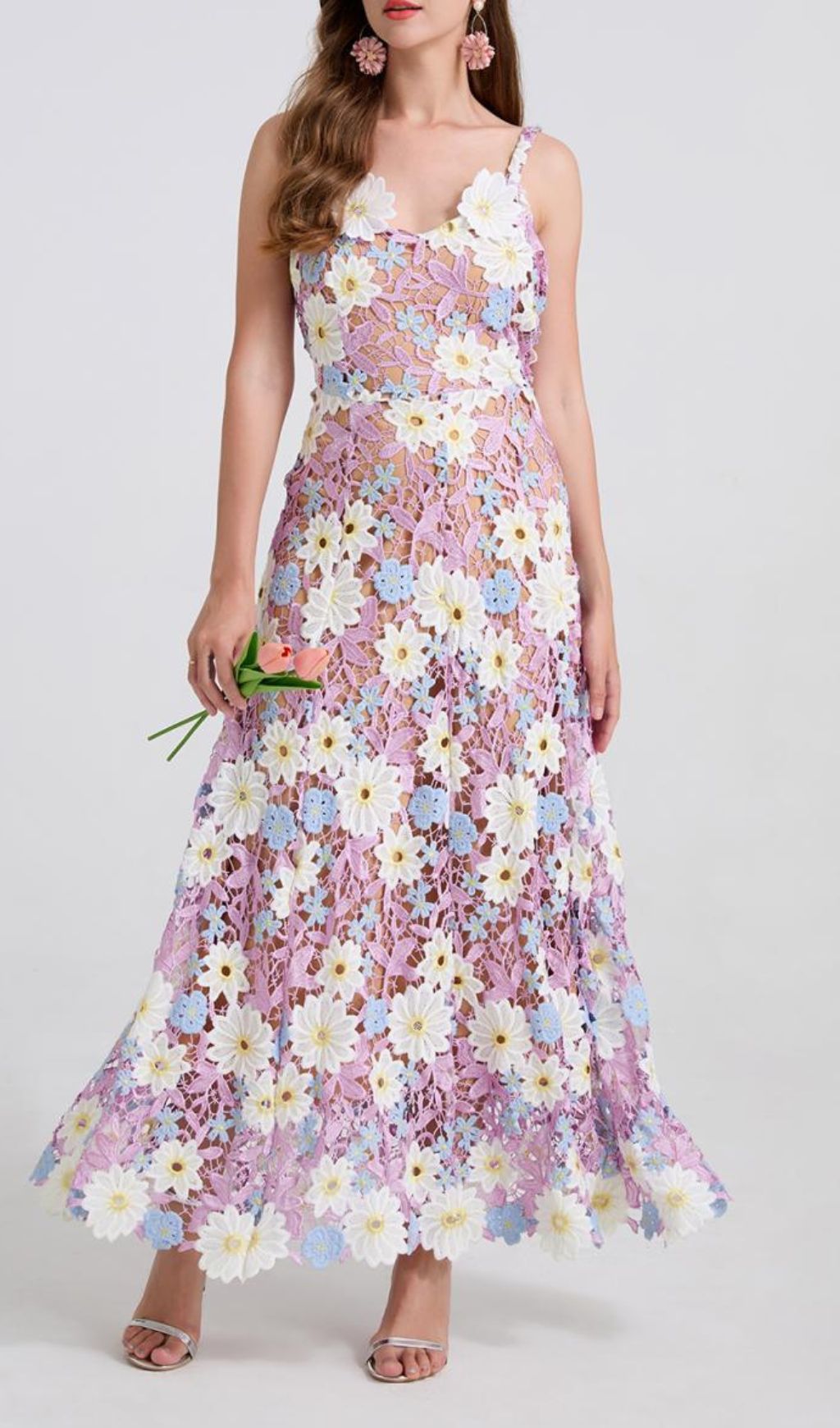 Diablo Enchanting Lavender Floral Lace Maxi Dress for Women