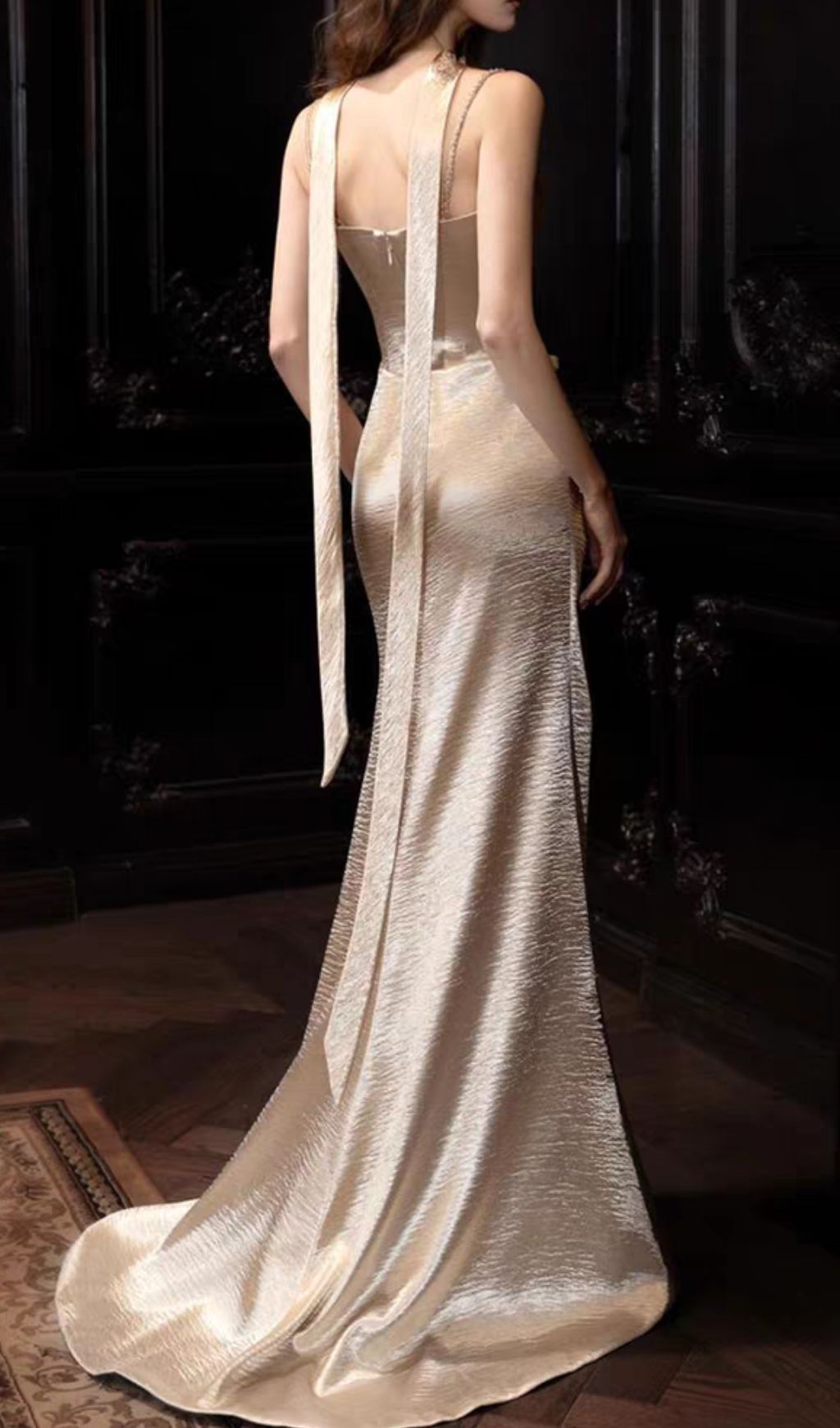 Opulent Champagne Gold Ruched Spaghetti Strap Maxi Gown
