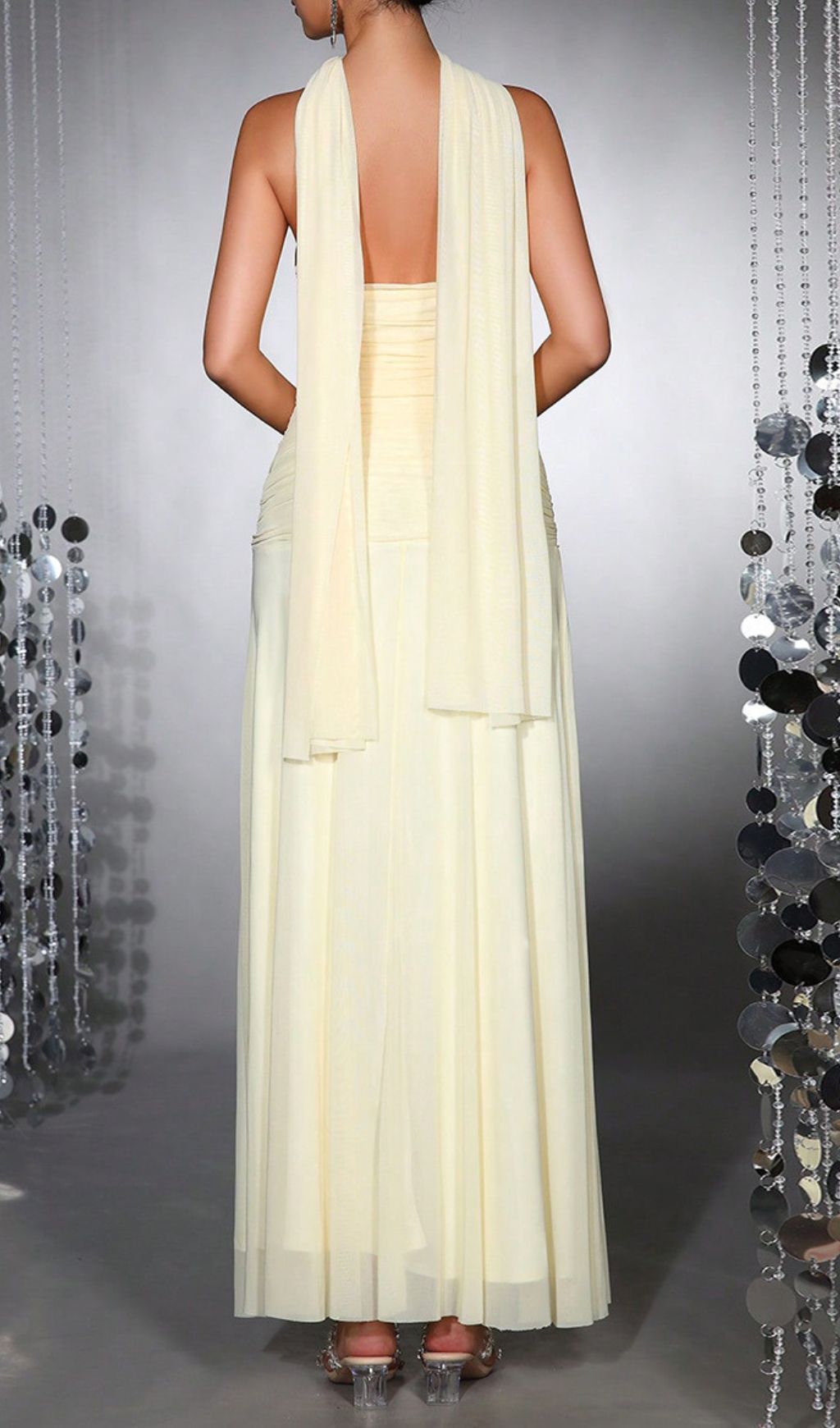 Hajar Elegant Strapless Ruched Mesh Maxi Dress