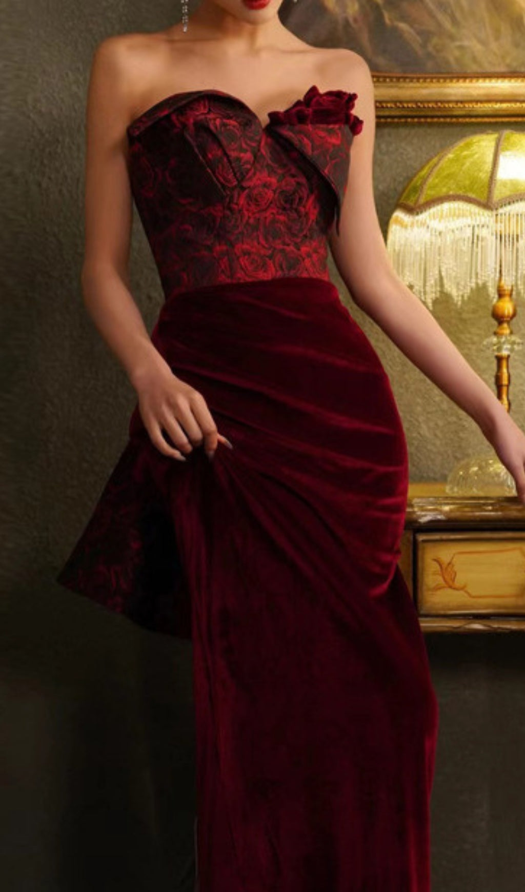Chainey Wine Red Rose Embossed Velvet Strapless Maxi Gown