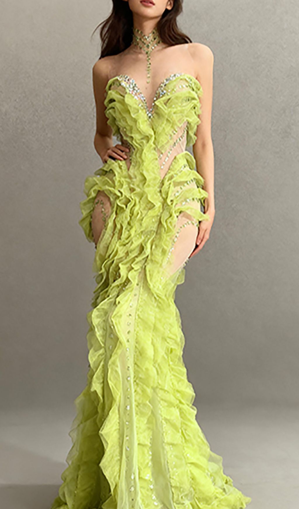 Jaela Yellow Diamante Ruffle Maxi Dress