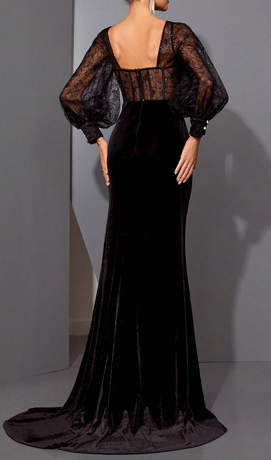 Eirlys Black Velvet & Lace Corset Maxi Dress with High Slit