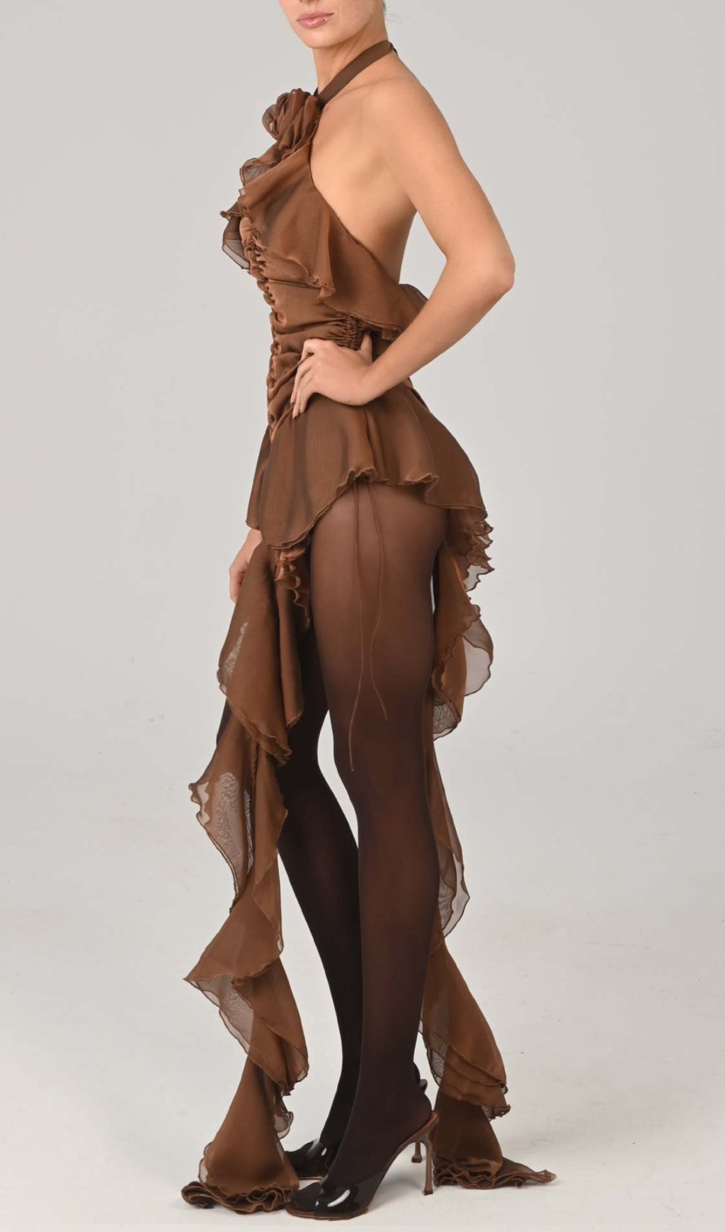 Estelle Brown Halter Ruched Ruffle Mini Dress