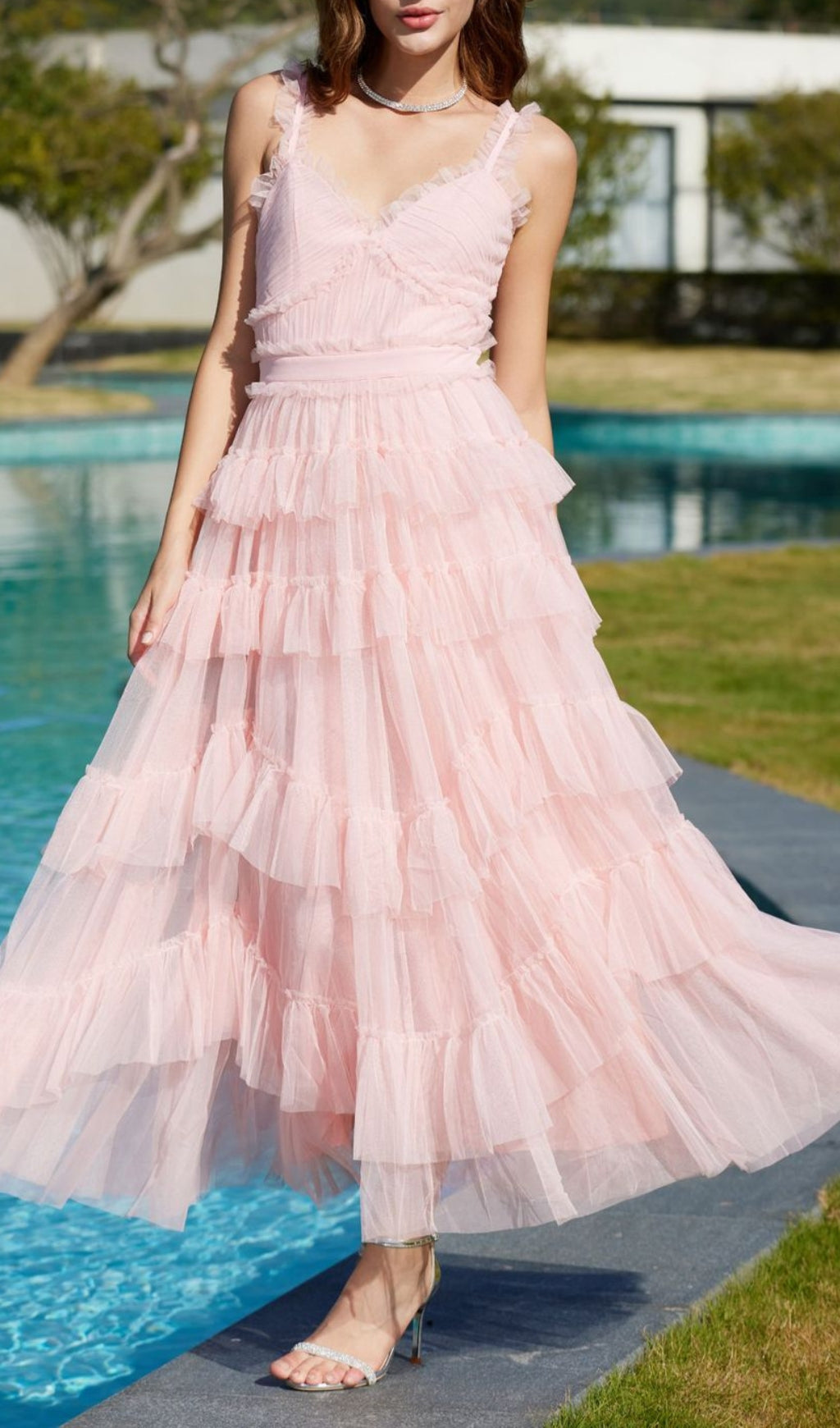 Ethereal Pink Ruffle Tiered Tulle Maxi Dress