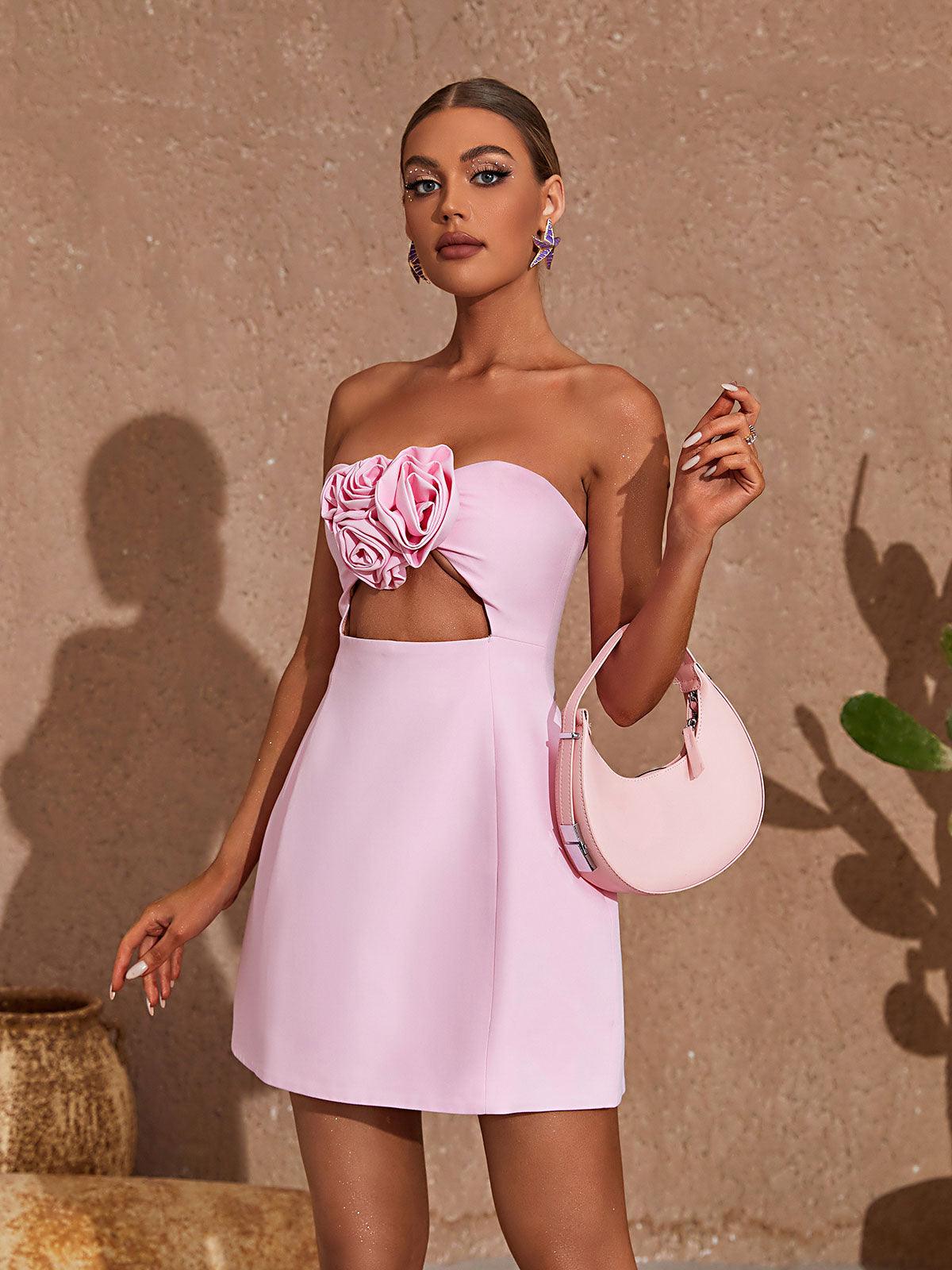 Blush Bloom Strapless Cutout Mini Dress with 3D Roses