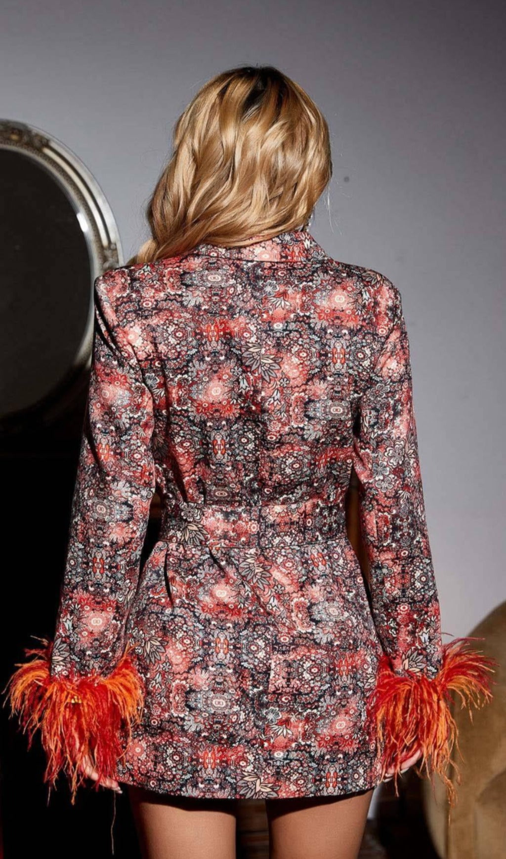 Statement Floral Feather-Cuff Blazer Mini Dress