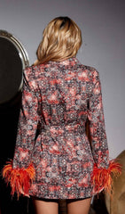 Statement Floral Feather-Cuff Blazer Mini Dress