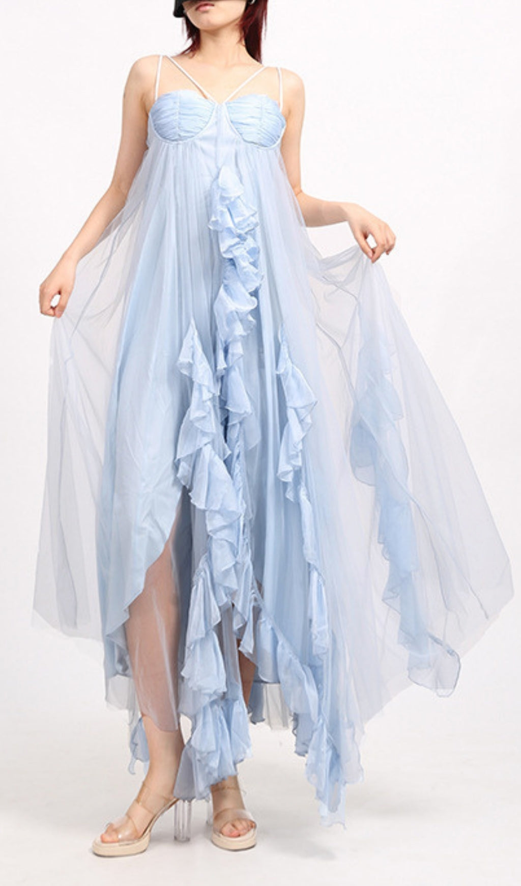 Ebru Ethereal Ruffle Mesh Maxi Dress