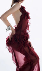 Hailey Red Halter Floral Maxi Dress
