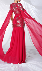 Gefjun Glamorous Red Sequin Maxi Dress with Dramatic Flowing Sleeves