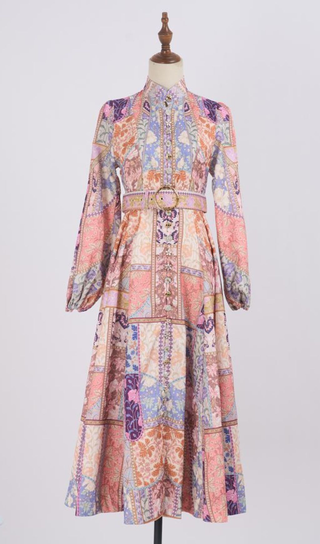Glynnis Boho Patchwork Long Sleeve Midi Dress with Belt