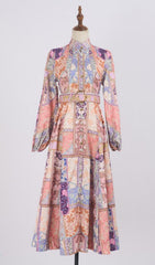 Glynnis Boho Patchwork Long Sleeve Midi Dress with Belt
