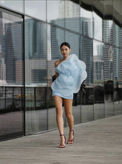 Powder Blue Statement Floral One-Shoulder Mini Dress for Women