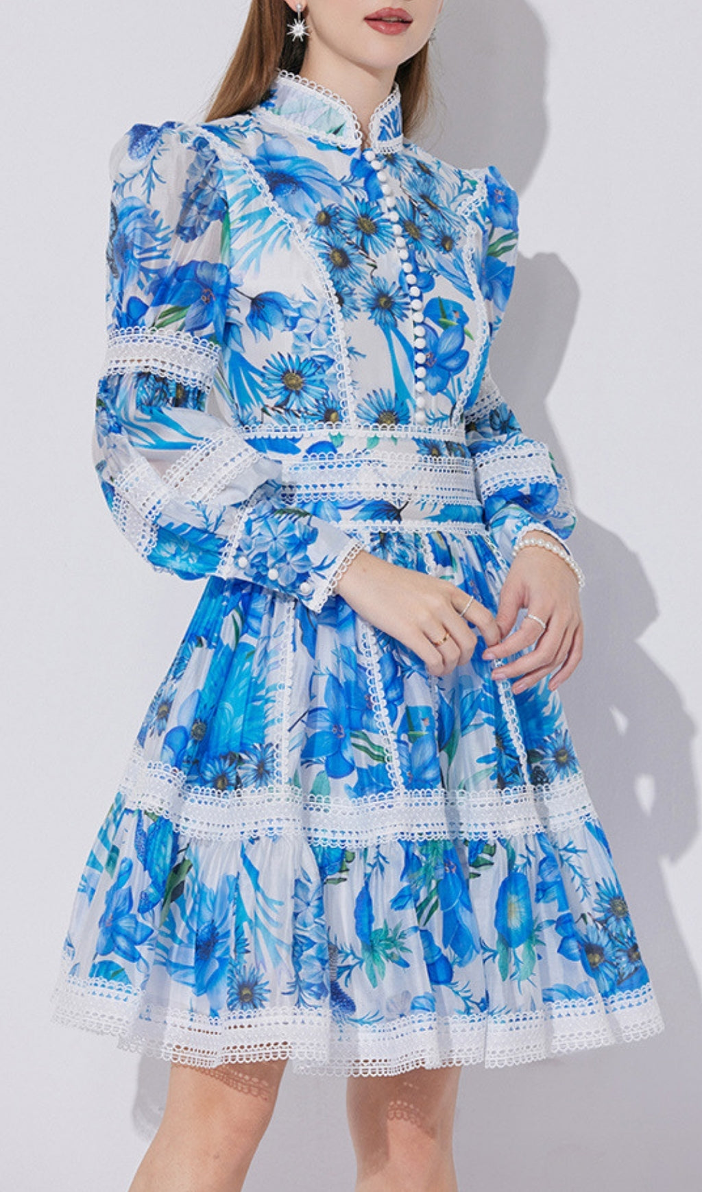Erlene Chic Blue Floral Long Sleeve Tiered Mini Dress with Lace Trim