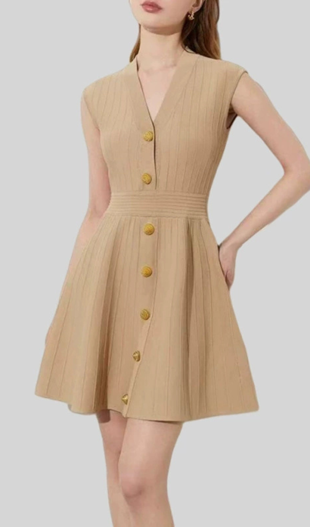 Helen Chic Ribbed Knit Sleeveless Mini Dress with Gold Buttons