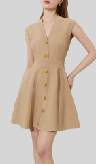 Helen Chic Ribbed Knit Sleeveless Mini Dress with Gold Buttons