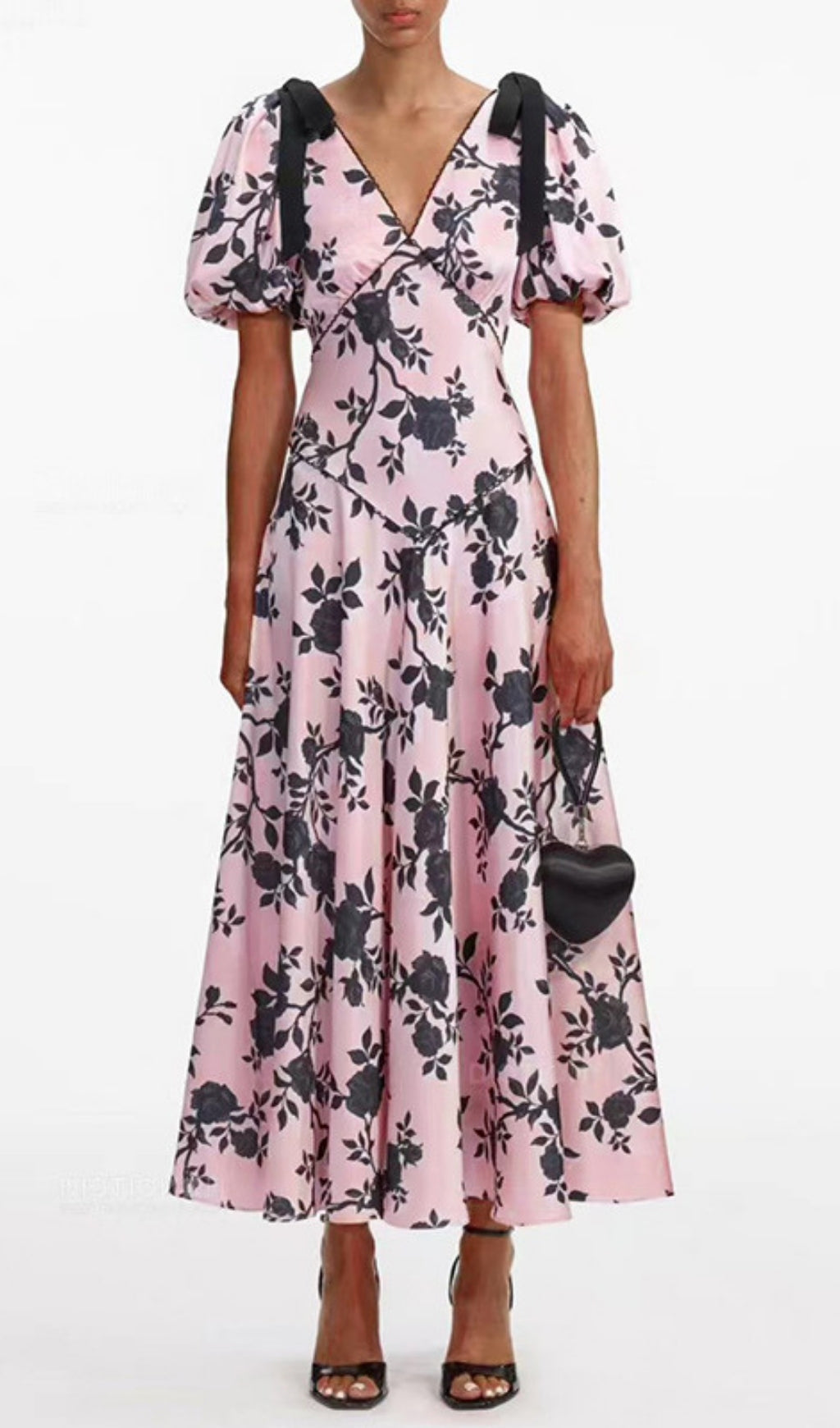 Filip Pink Floral V-Neck Midi Dress with Puff Sleeves & Tie Details