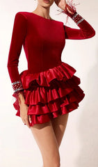Baldev Luxe Red Velvet Ruffle Tiered Mini Dress with Crystal Feathers