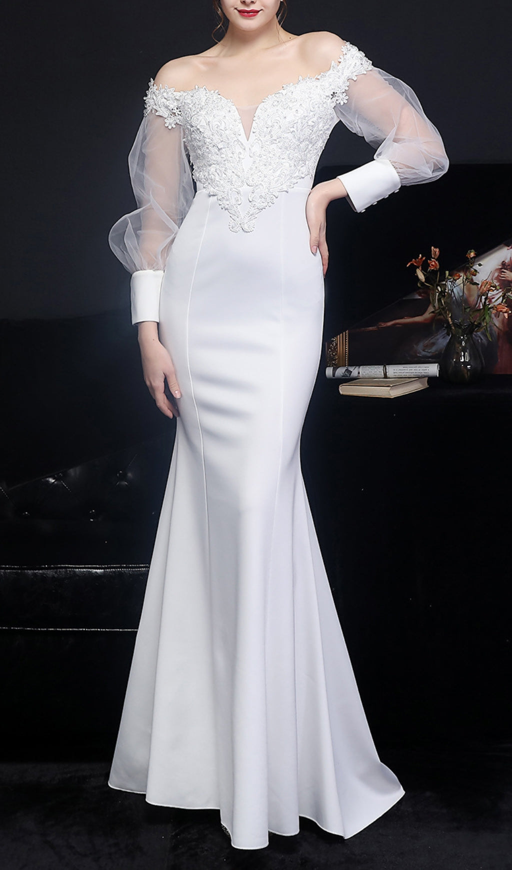 Elegant Chryse Off-Shoulder Floral Embroidered White Mermaid Wedding Dress