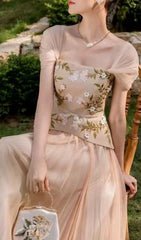 Brice Elegant Floral Embroidered Peplum Midi Dress