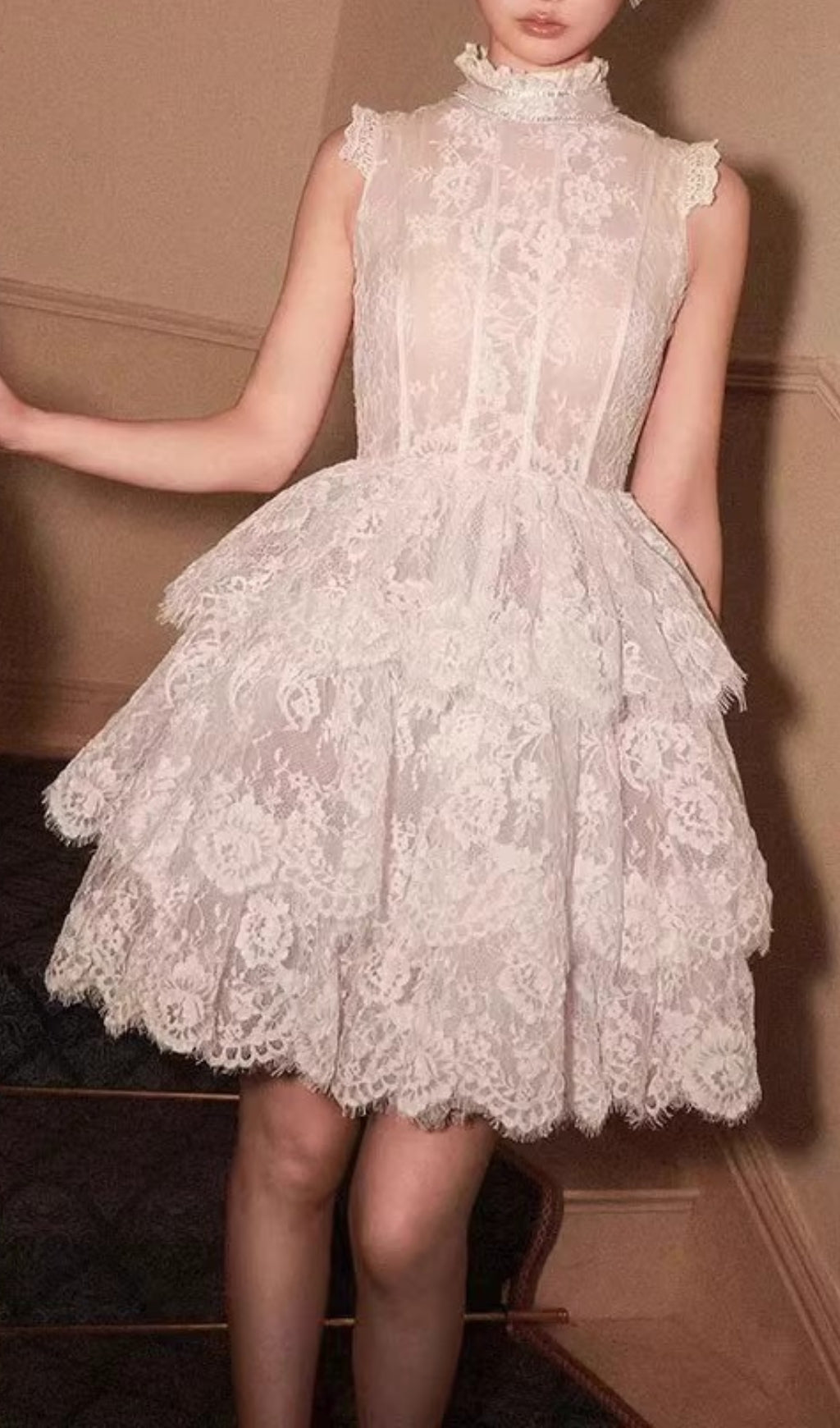 Estevão White Lace Tiered Mini Dress