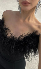 Elegant Black Feather Trim Bodycon Maxi Dress