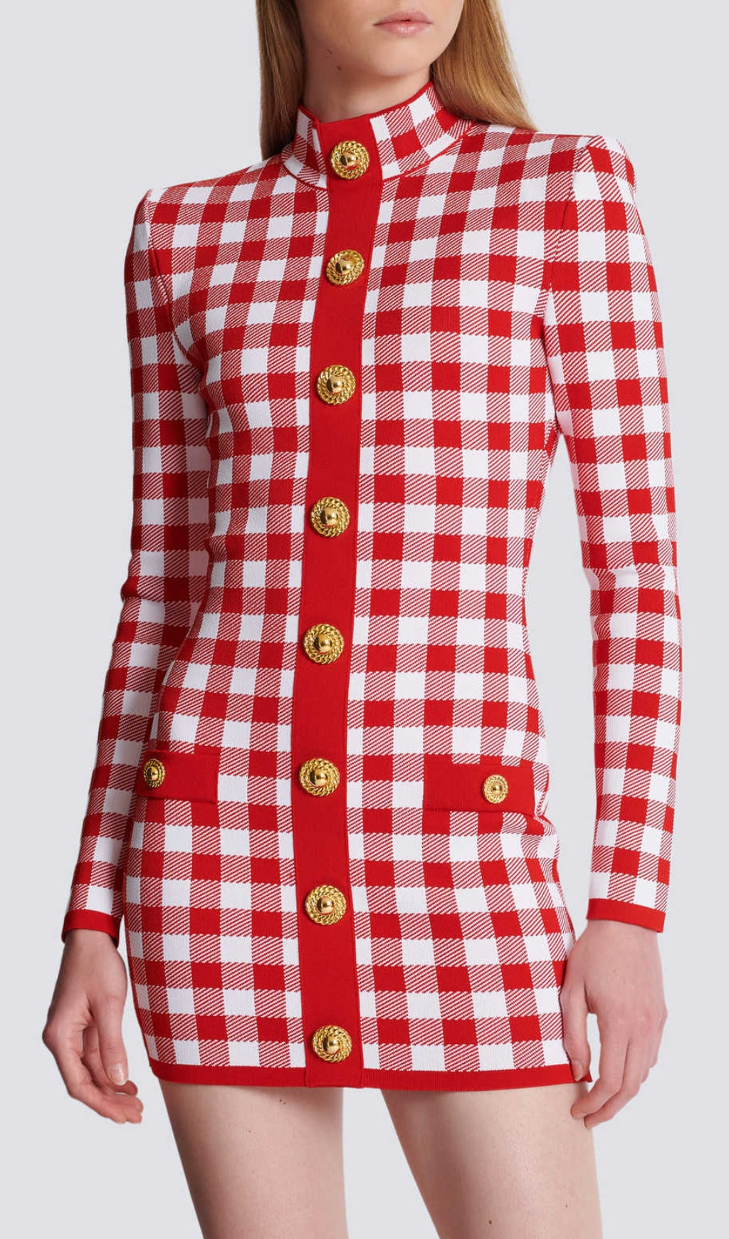 Brantley Chic Red Gingham Gold Button Long Sleeve Mini Dress