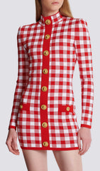 Brantley Chic Red Gingham Gold Button Long Sleeve Mini Dress