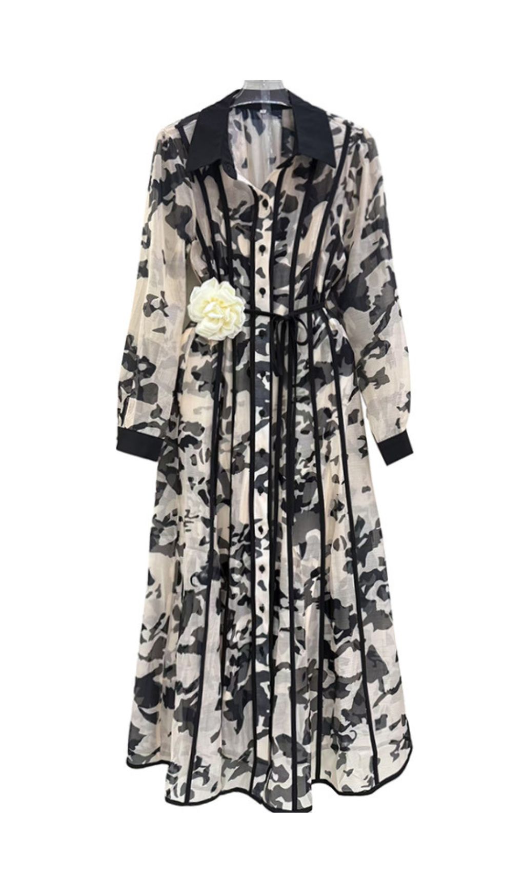 Ffion Abstract Monochrome Belted Midi Shirt Dress