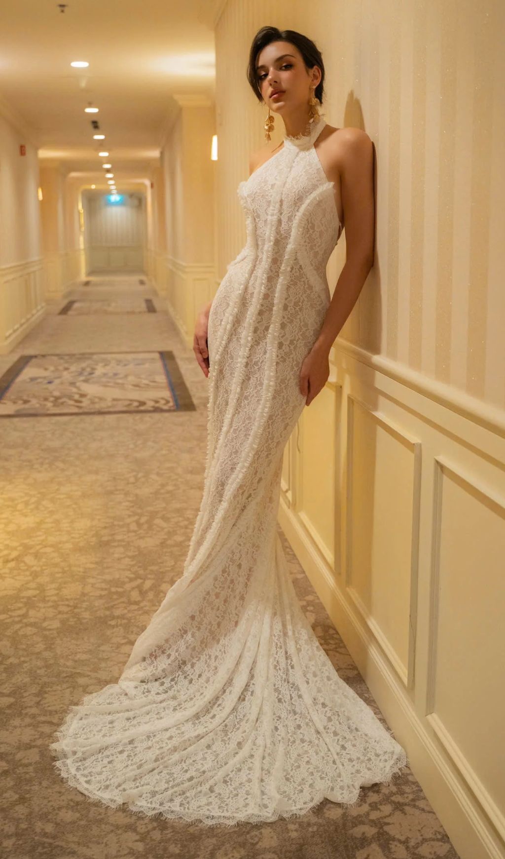 Gauge White Lace Halter Neck Maxi Wedding Dress