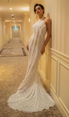 Gauge White Lace Halter Neck Maxi Wedding Dress