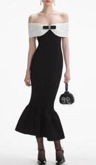 Brial Elegant Black Off-Shoulder Ribbed Fluted Midi Dress with Rhinestone Bow