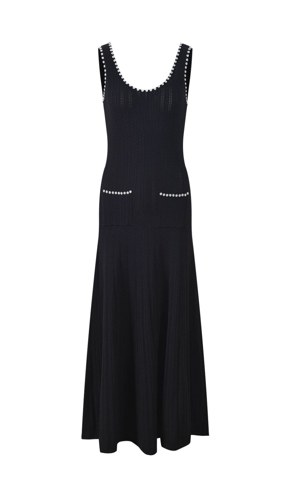 Chic Beaded Rib Knit Sleeveless Midi Dress with Pockets