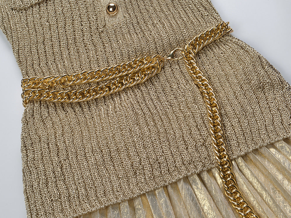 Glamorous Gold Lurex Ribbed Knit Maxi Dress with Statement Chain Belt