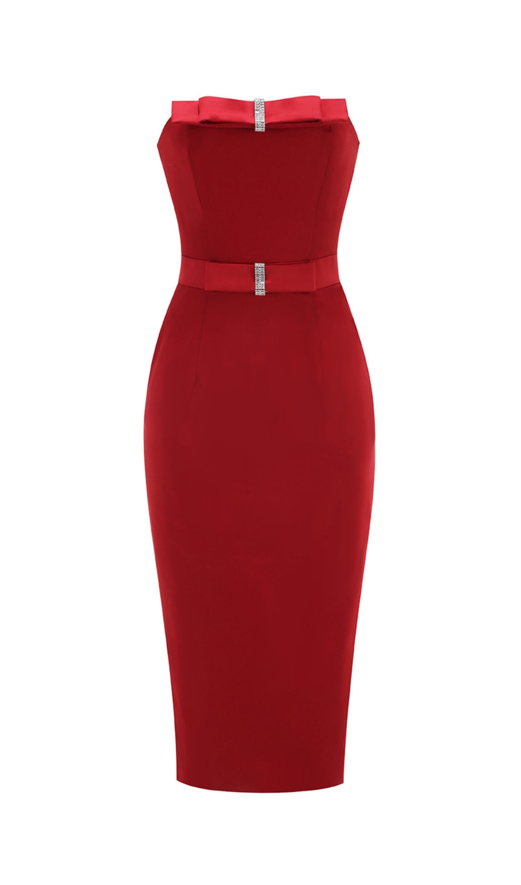 Drea Glamorous Red Strapless Midi Dress with Sparkle Bow Details
