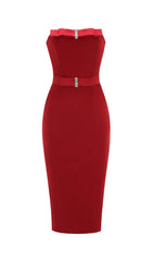 Drea Glamorous Red Strapless Midi Dress with Sparkle Bow Details