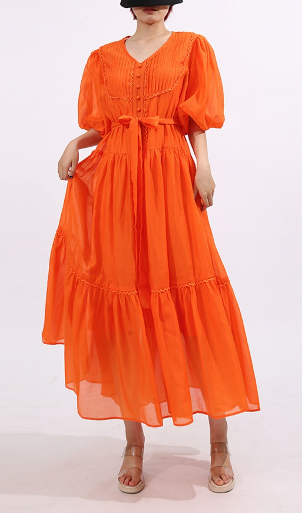 Fausto Vibrant Orange Puff Sleeve Tiered Maxi Dress