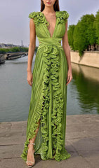 Vibrant Green Deep V-Neck Pleated Maxi Dress with Leafy Ruffle Slit