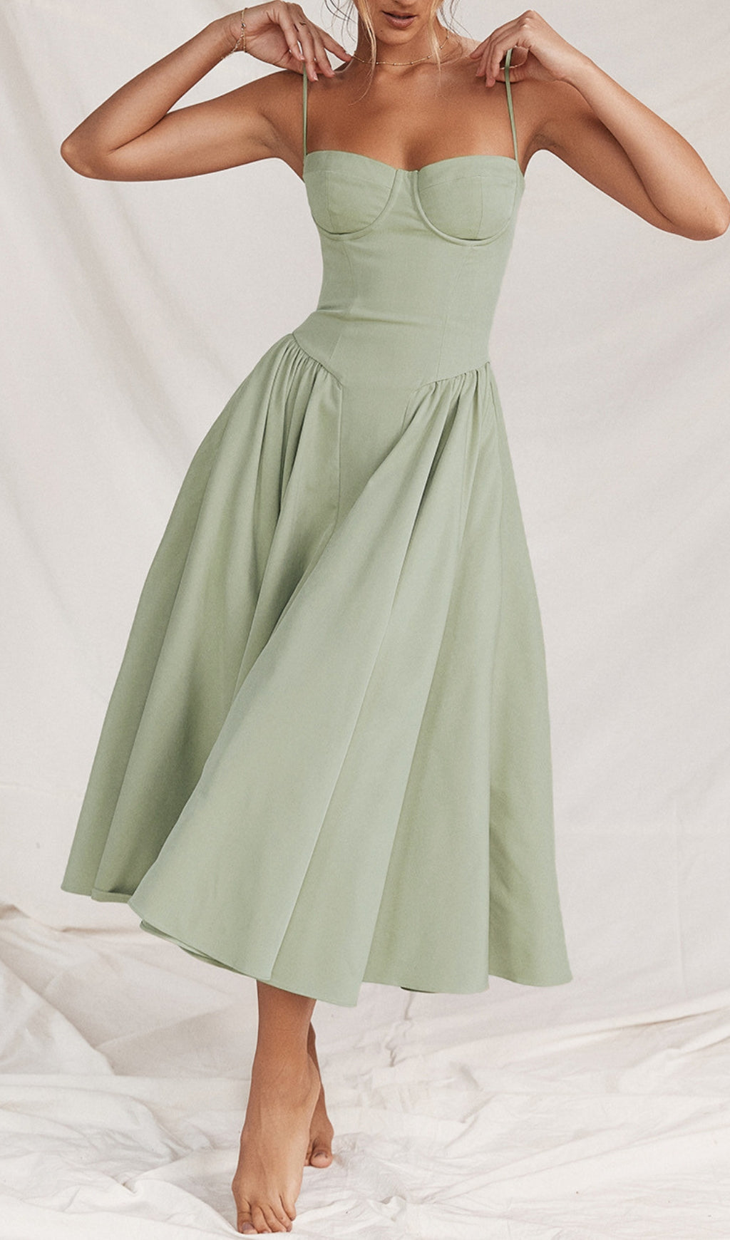 Dextra Chic Sage Green Strappy Bustier Midi Dress