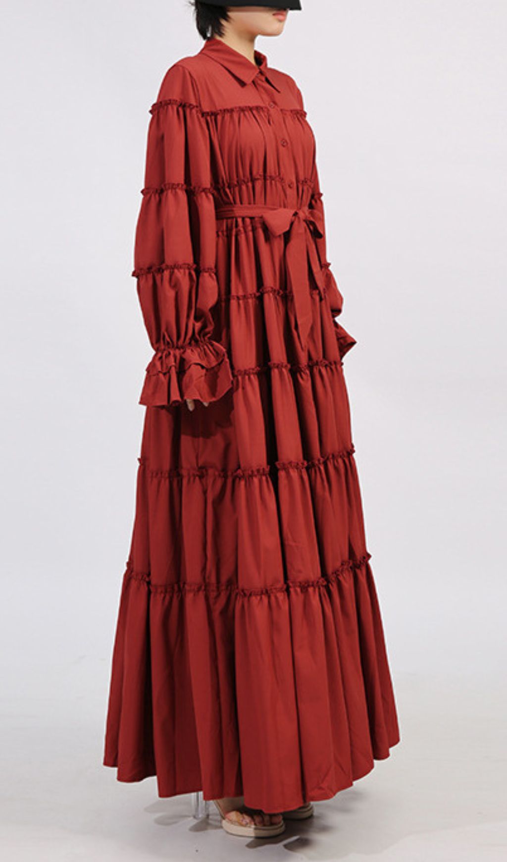 Genaro Deep Red Tiered Maxi Shirtdress with Ruffled Sleeves & Tie Waist