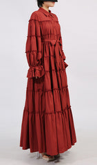Genaro Deep Red Tiered Maxi Shirtdress with Ruffled Sleeves & Tie Waist